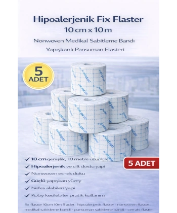 Hipoalerjenik Fix Flaster 10 cm x 10 m 5 Adet Nonwoven Medikal Sabitleme Bandı Yapışkanlı Pansuman Flasteri