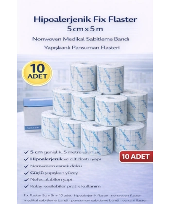Hipoalerjenik Fix Flaster 5 cm x 5 m 10 Adet Nonwoven Medikal Sabitleme Bandı Yapışkanlı Pansuman Flasteri