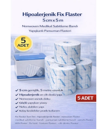 Hipoalerjenik Fix Flaster 5 cm x 5 m 5 Adet Nonwoven Medikal Sabitleme Bandı Yapışkanlı Pansuman Flasteri