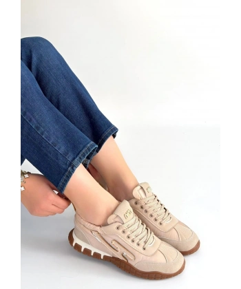 Huer Bej Nubuk Bağcıklı Spor Ayakkabı