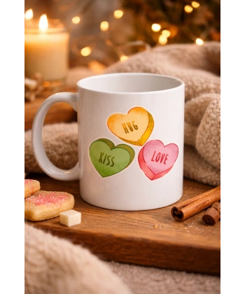 Hug Kiss Love Model 10 Porselen Kupa – Cıvıl Cıvıl Kalpli Tasarım, Sevgiliye & Hediye Kupası
