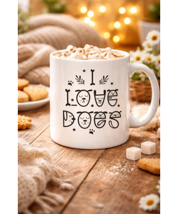 I Love Dogs Tasarımlı Porselen Kupa MODEL 64 – Sevimli Köpek Figürlü, Kahve & Çay Kupası