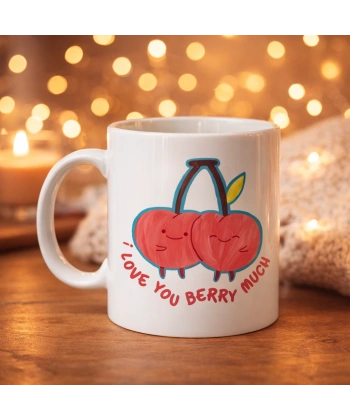 I Love You Berry Much Tasarımlı Kupa Model 12 Sevimli Kiraz Desenli Porselen Kahve Kupası - Hediye Fincanı