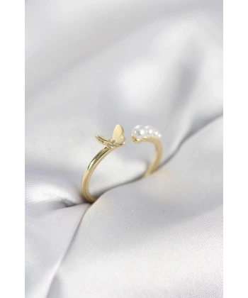 İncili Kelebek Model Gold Renk Pirinç Kadın Yüzük