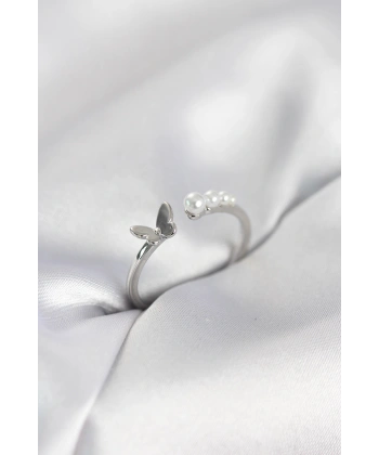 İncili Kelebek Model Gümüş Renk Pirinç Kadın Yüzük