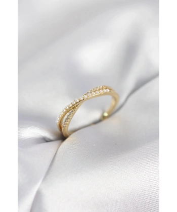 İncili ve Zirkon Taşlı Gold Renk Kadın Yüzük