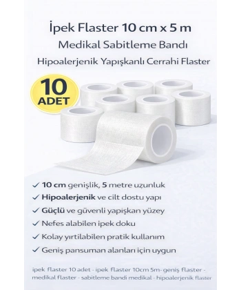 İpek Flaster 10 cm x 5 m 10 Adet Medikal Sabitleme Bandı Hipoalerjenik Yapışkanlı Cerrahi Flaster