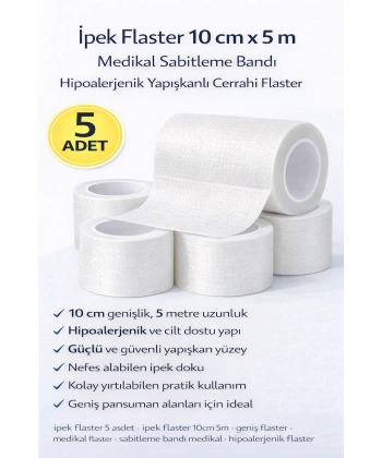 İpek Flaster 10 cm x 5 m 5 Adet Medikal Sabitleme Bandı Hipoalerjenik Yapışkanlı Cerrahi Flaster