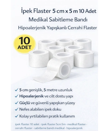 İpek Flaster 5 cm x 5 m 10 Adet Medikal Sabitleme Bandı Hipoalerjenik Yapışkanlı Cerrahi Flaster