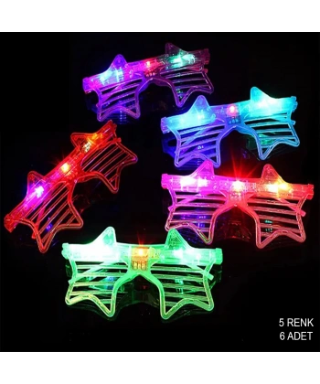 Işıklı Yıldız Şekilli Led Parti Gözlüğü 5 Renk 6’lı Set