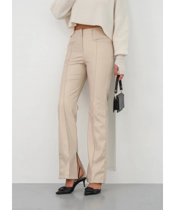 İspanyol yırtmaçlı paça deri pantolon bej hn