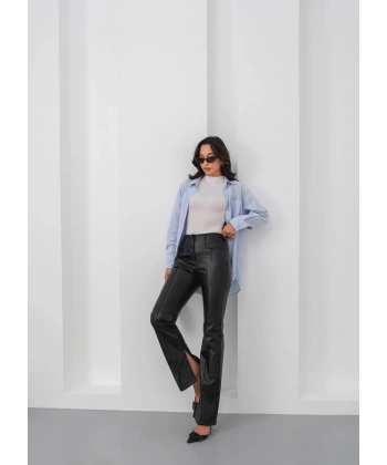 İspanyol yırtmaçlı paça deri pantolon siyah hn