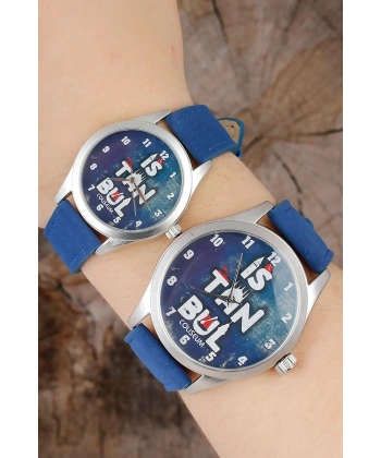 İstanbul Tasarım Lacivert Deri Kordonlu Sevgili Saatleri