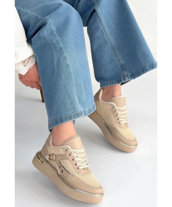 Junda Bej Cilt Bağcıklı Spor Ayakkabı