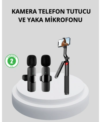 Kablosuz Çift Yaka Mikrofonu ve Tripodlu Selfie Çubuğu İçerik Üretici Seti