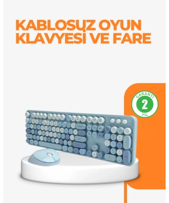Kablosuz Retro Klavye ve Mouse Seti – 104 Tuşlu Sevimli Tasarım