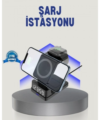 Kablosuz Şarj Cihazı ve Dijital Saat – 4’ü 1 Arada Hızlı Şarj, Apple Uyumlu, LED Işıklı Tasarım