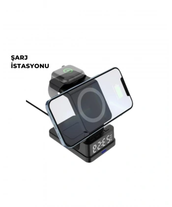 Kablosuz Şarj İstasyonu ve Dijital Saat – Apple Uyumlu, 3 Kademeli Işık Ayarı