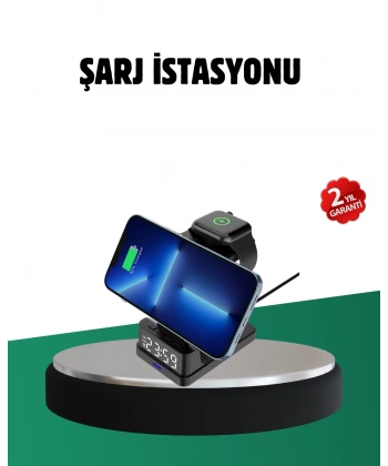 Kablosuz Şarjlı Dijital Masa Saati – 3 Parlaklık Seviyeli LED, Hızlı Şarj, Apple Uyumlu