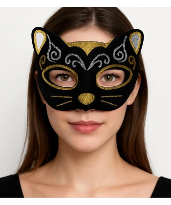 Kadife Dokulu Sim Detaylı Işıltılı Kedi Maskesi Altın Gümüş 20x13 cm