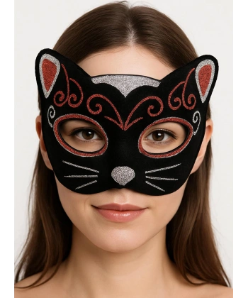 Kadife Dokulu Sim Detaylı Işıltılı Kedi Maskesi Kırmızı Gümüş 20x13 cm