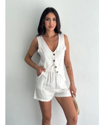 Kadın keten şort yelek takım s3461