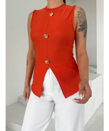 Kadın turuncu bisiklet yaka gold düğmeli ottoman bluz s2310