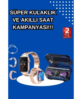 Kadınlar İçin 3 Kordonlu Akıllı Saat ve Dijital Göstergeli Powerbankli Bluetooth Kulaklık Dokunmatik Kontrol