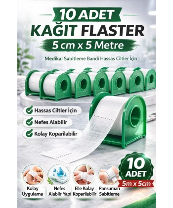Kağıt Flaster 5 cm x 5 m 10 Adet Medikal Sabitleme Bandı Hassas Ciltler İçin