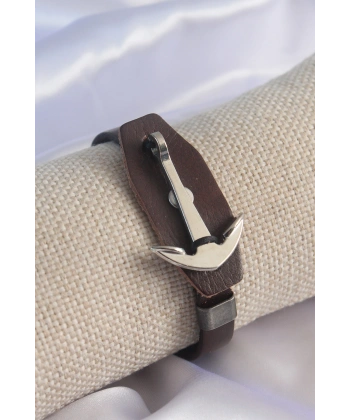 Kahverengi Deri Model Gümüş Renk Çapa Figür Erkek Bileklik