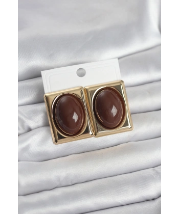 Kahverengi Kare Model Vintage Gold Renk Kadın Küpe