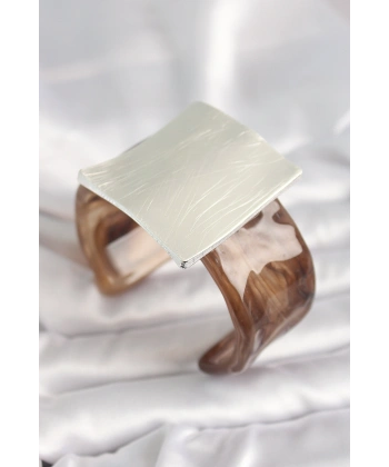 Kahverengi Mermer Desen Akrilik Plastik Gümüş Kare Plaka Model Vintage Kadın Bilezik