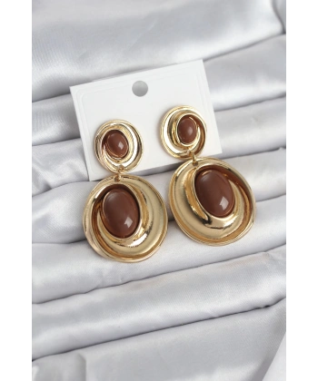 Kahverengi Sallantılı Damla Model Gold Renk Vintage Kadın Küpe