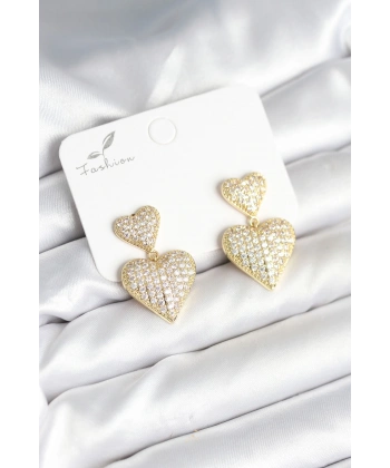 Kalp Model Zirkon Taşlı Gold Renk Pirinç Kadın Küpe