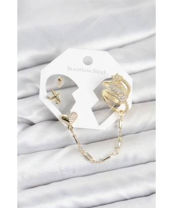 Kalp Yıldız Model Pirinç Gold Renk Zincir Bağlantılı Ear Cuff Küpe Seti