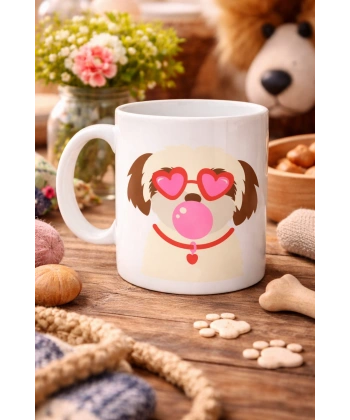 Kalpli Gözlüklü Shih Tzu Tasarımlı Porselen Kupa MODEL 53 – Sevimli Köpek Figürlü Kahve & Çay Kupası