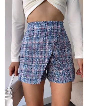 Kapaklı tüvit şort etek mavi
