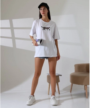 Kaplan nakış işlemeli Oversize tişört