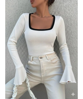 Kare yaka garni detay ispanyol kol bluz beyaz a3105