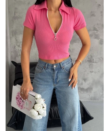 kaşkorse yaka fermuarlı bluz fuşya