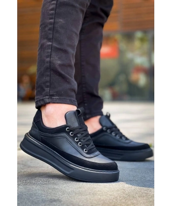 KB-006 Kuback Siyah Cilt Siyah Yüksek Taban Bağcıklı Günlük Erkek Ayakkabı