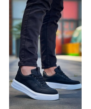 KB-006 Kuback Siyah Cilt Yüksek Taban Bağcıklı Günlük Erkek Ayakkabı