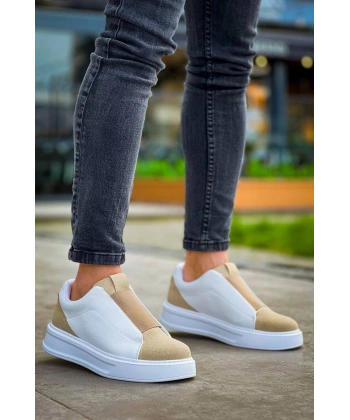 KB-007  Kuback  Beyaz Bej Yüksek Taban Tek Bant Bağcıksız Günlük Erkek Ayakkabı