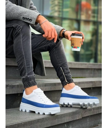 KB-056 Kuback Beyaz Mavi Detaylı Beyaz Yüksek Taban Günlük Spor Ayakkabı