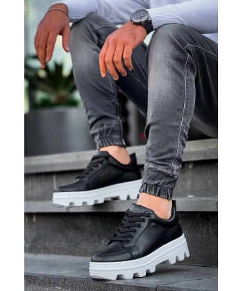 KB-056 Kuback Siyah Cilt Beyaz Yüksek Taban Günlük Spor Ayakkabı