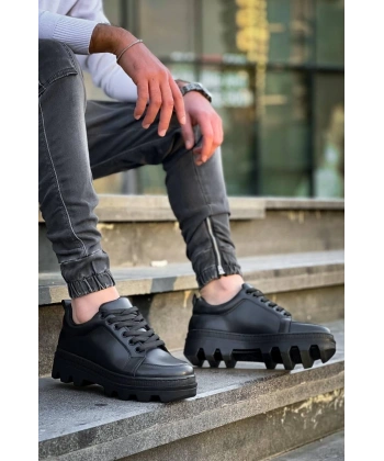 KB-056 Kuback Siyah Cilt Siyah Yüksek Taban Günlük Spor Ayakkabı