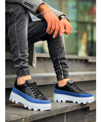 KB-056 Kuback Siyah Mavi Detaylı Beyaz Yüksek Taban Günlük Spor Ayakkabı
