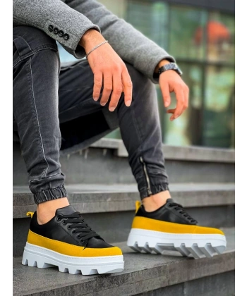 KB-056 Kuback Siyah Sarı Detaylı Beyaz Yüksek Taban Günlük Spor Ayakkabı