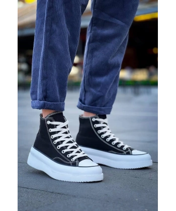 KB-CX-3 Kuback Uzun Siyah Keten Beyaz Yüksek Taban Spor Ayakkabı