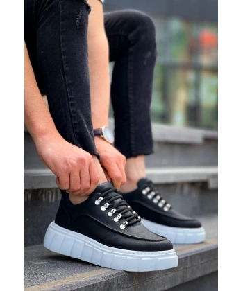 KB-X10 Kuback Siyah Cilt  Beyaz Yüksek Taban Günlük Spor Ayakkabı